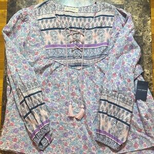 NWT Lucky Brand Multicolor Floral Lace-Up Peasant Blouse